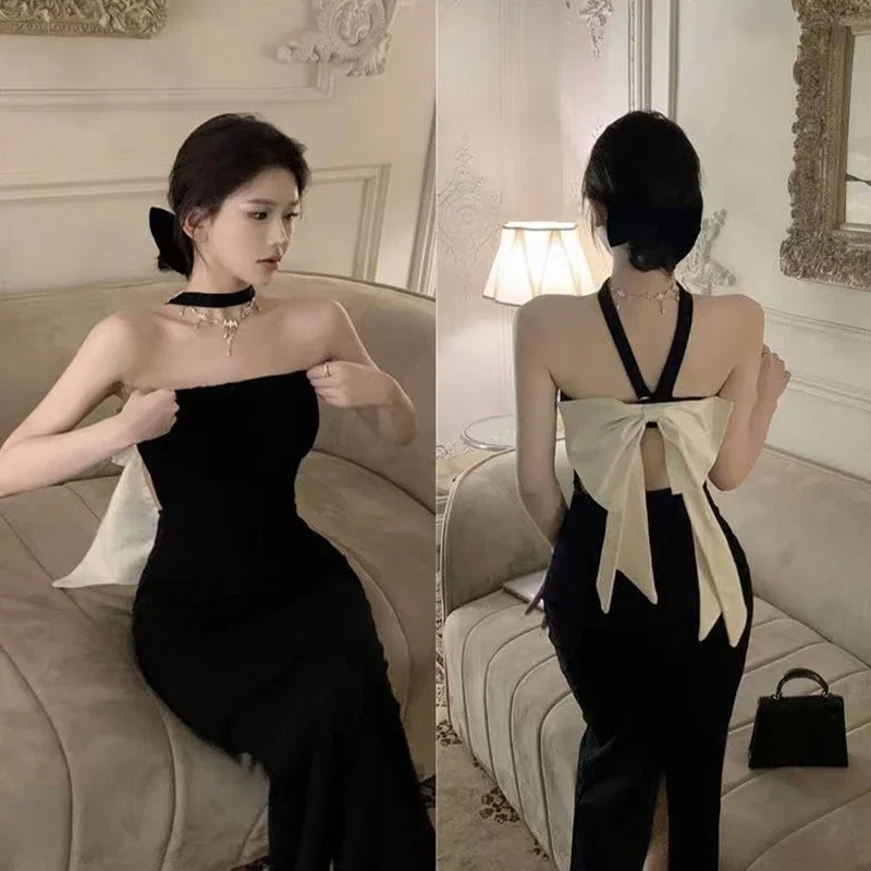 

Long Dresses Women Backless Bow Hollow Out Vintage Sexy Elegant Dress French Style Sleeveless Slim Stretch Halter Slash Neck