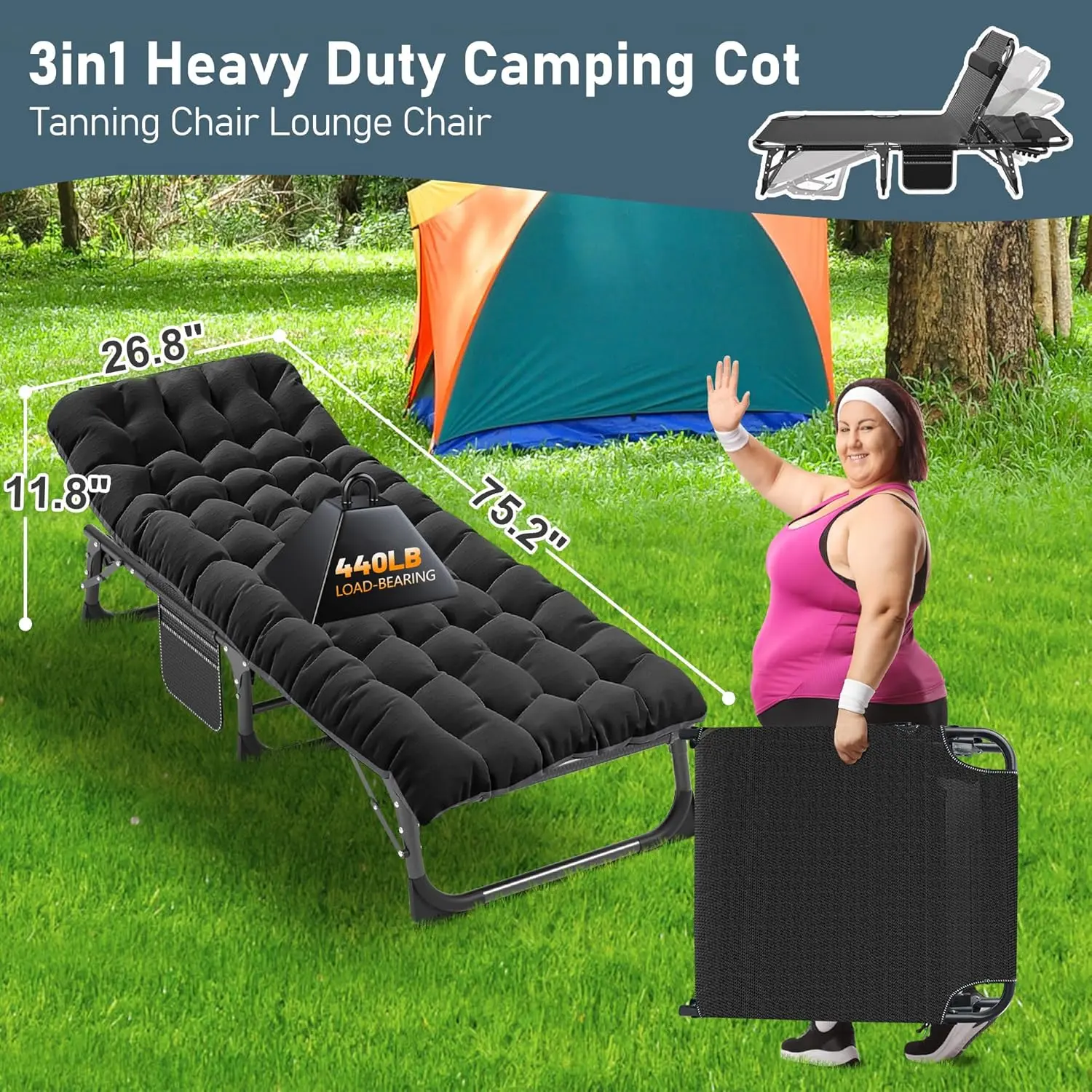 Cunas de Camping plegables para adultos, cuna de carga de doble capa de 500lb para dormir, cama de invitados de alta resistencia con colchón, bolsa de transporte