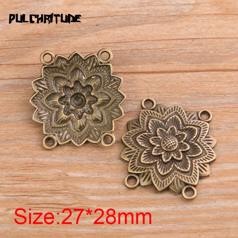 PULCHRITUDE 8pcs 27*28mm Retro Two Color Zinc Alloy Flower Pendants Connectors Linker For DIY Charm Jewelry Accessorie