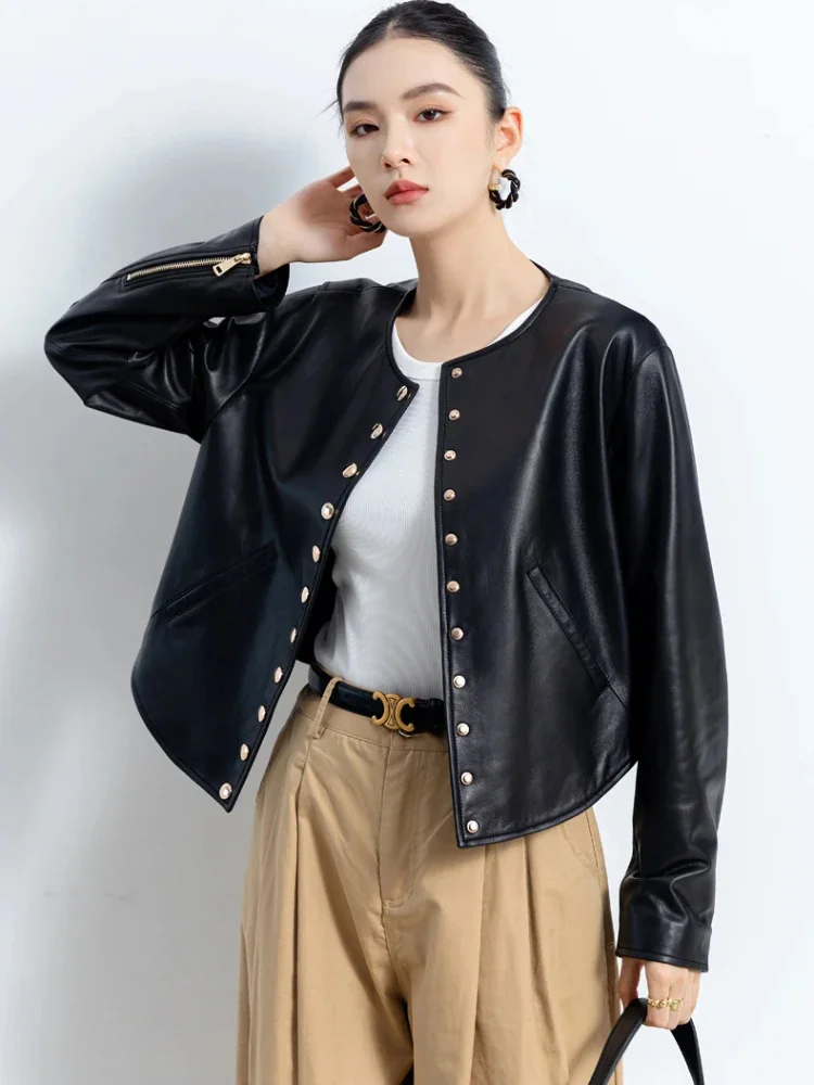 Motorcycle Vintage Genuine Leather Jacket for Women Spring Autumn 2024 Trend O-neck Single Breasted Cropped Sheepskin Coat