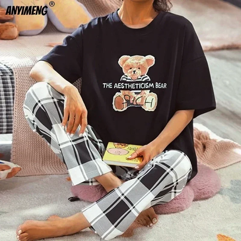New Sleepwear Cartoon Cotton Pajamas for Women Long Pants Short Sleeved Summer Spring Loungewear Fashion Home Clothing Homewear