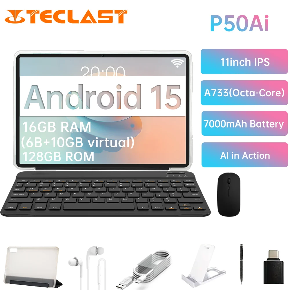 

Teclast P50Ai Tablet (Allwinner A733 8-core/6GB RAM/128GB ROM/11inch/WIFI/7000mAh/Android 15)with Keyboard & Accessories Bundle