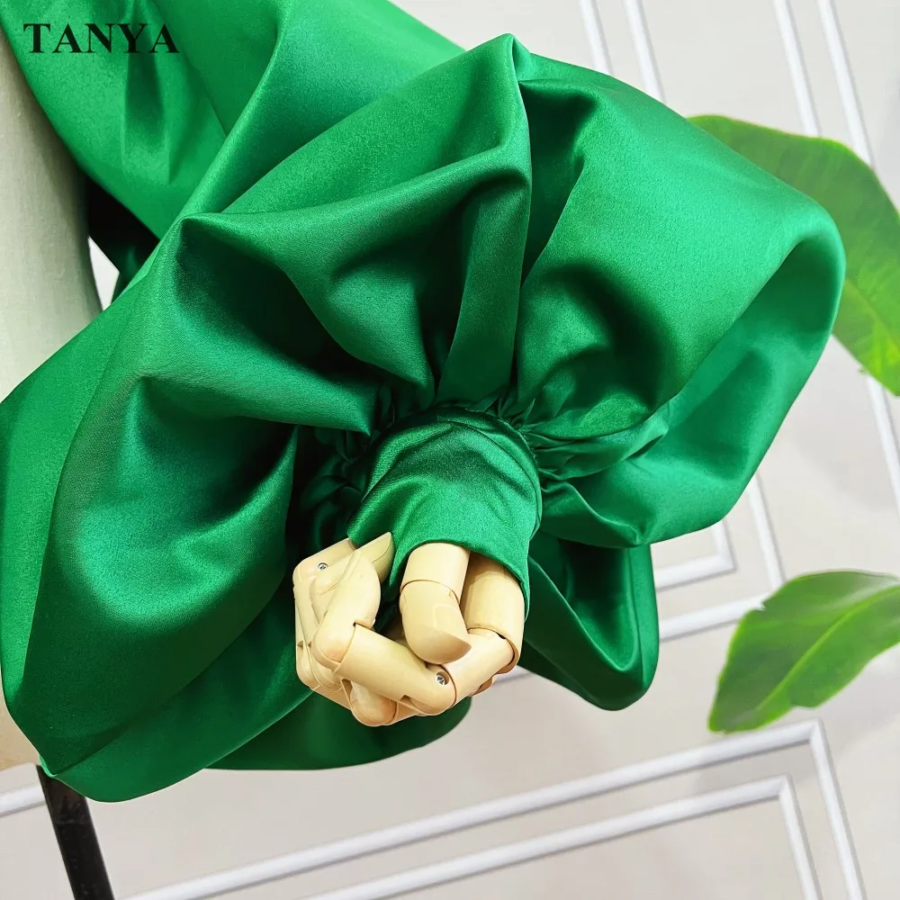 Puffy Sleeves Satin Bolero Topper Blouse Cover Arms Fashion Green Jacket Cloak Short Shawl High Neck With Buttons Customize