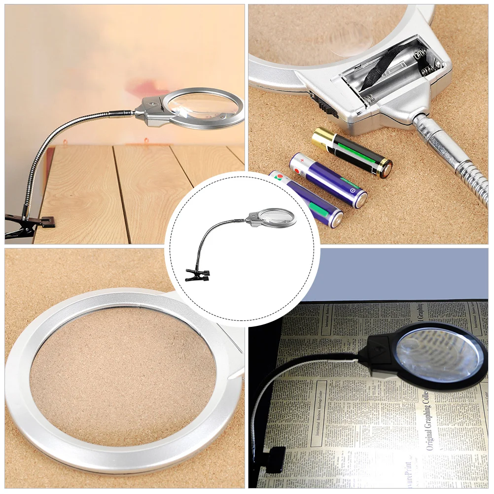 1pc led lupa de leitura lente acrílica mangueira metal clipe ajustável lâmpada luz branca alimentado desktop portátil