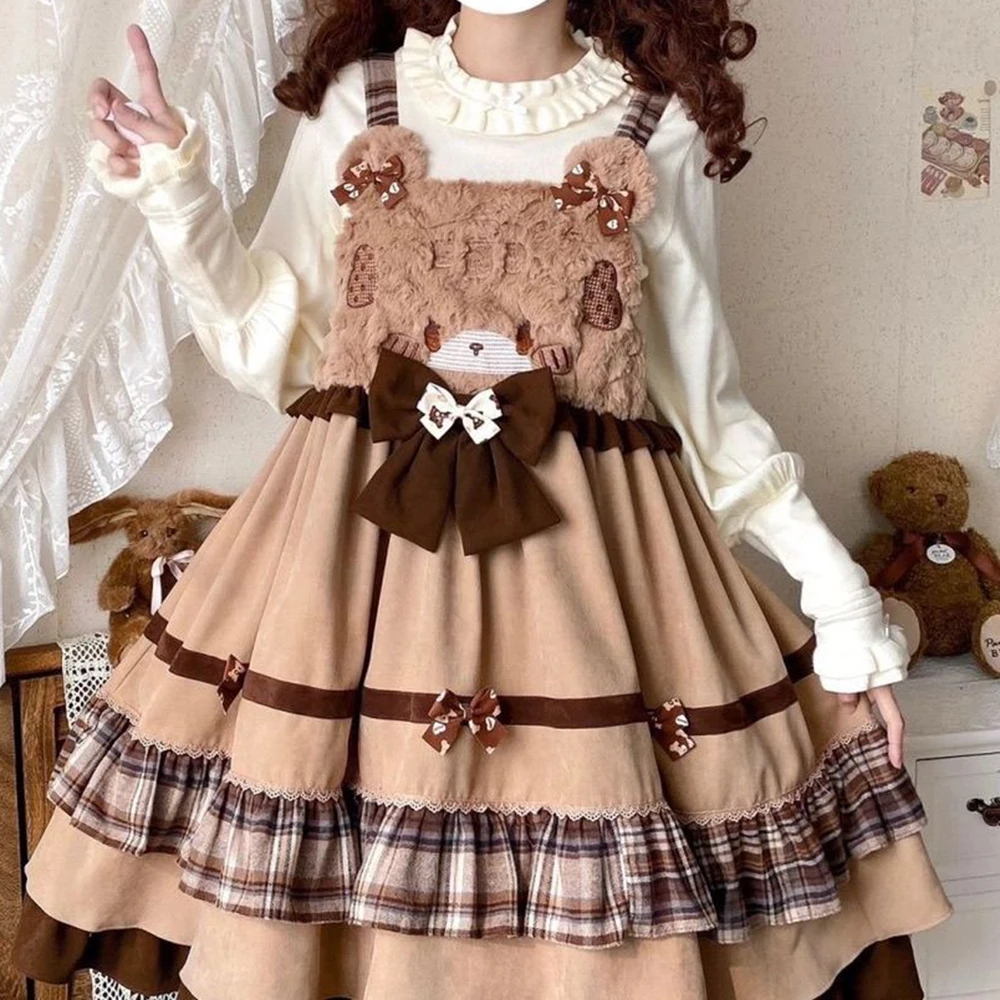 

New Lolita autumn and winter lolita cute strap bow bear full vestidos Regular Fit birthday dress for women