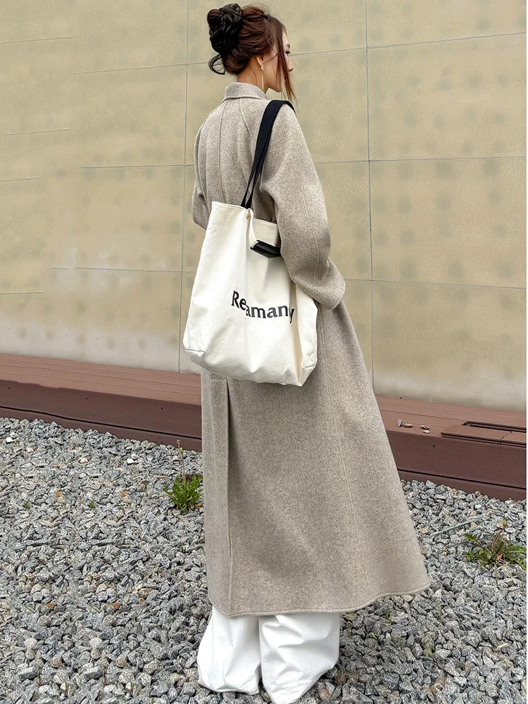 New Women Casual Daily Long Wool Blends Coat Autumn Winter Fashion Turn-down Collar Open Stitch Elegant Simplicity Woolen Coat