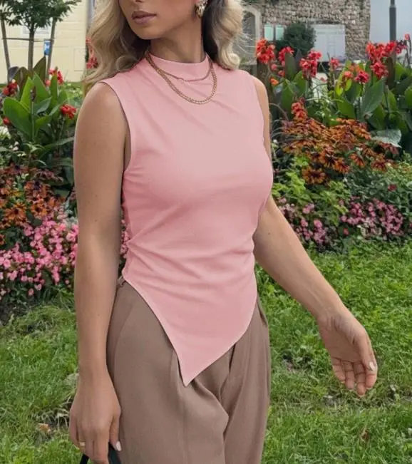 

Top Women 2026 Spring Summer New Solid Color Round Neck Sleevelss Slim Fit Versatile Daily Casual Asymmetrical Hem Vest Top