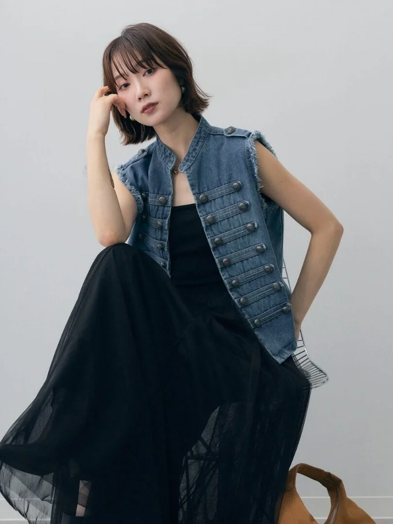 Retro Napoleon Denim Vest Women's Outerwear Autumn New Design Sensation Frayed Shoulder Pad Jacket Button Decorated Polyester...