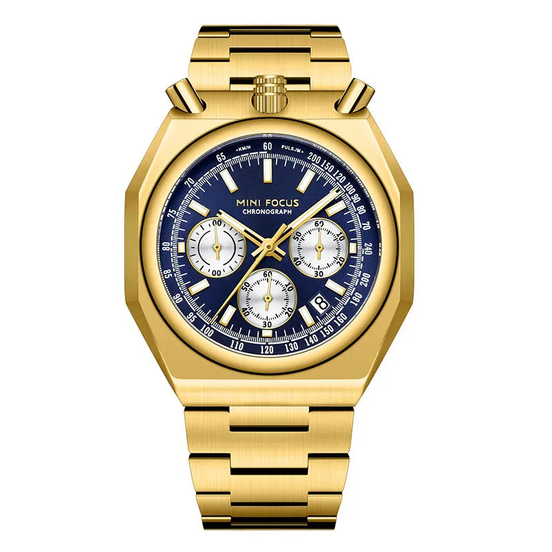 MINI FOCUS Chronograph Quartz Watch for Men Fashion Waterproof Luminous Wristwatch with Calendar Stainless Steel Strap 0601