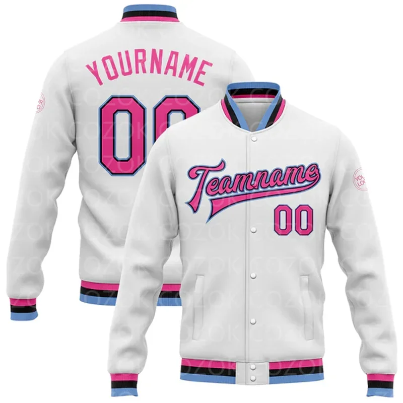 Custom White Red 3D Printed Vertical Line Baseball Button Jacket Bomber Full-Snap Varsity Letterman Jacket