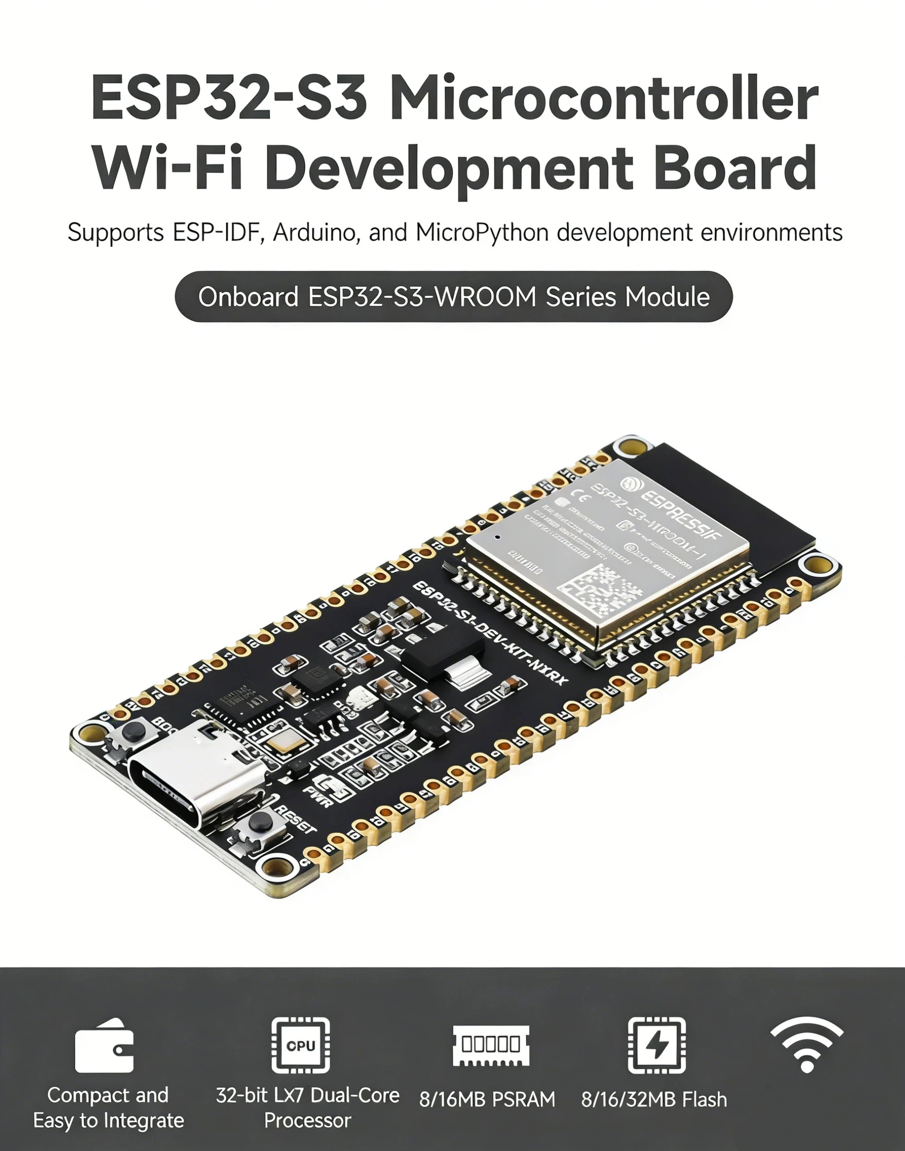

Плата привода ESP32-S3: двухъядерный процессор 240 МГц, Wi-Fi/BT5, 8–8 МБ с чипом, ESP-WROOM-1, Arduino/MicroPython/IDF!