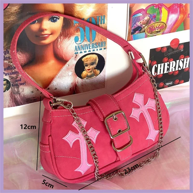 Y2K Fashion Shoulder Bag PU Leather Bags for Women Hottie Chain Pink Hobo Bags Female Underarm Bag Sweet Cool Girls Handbags