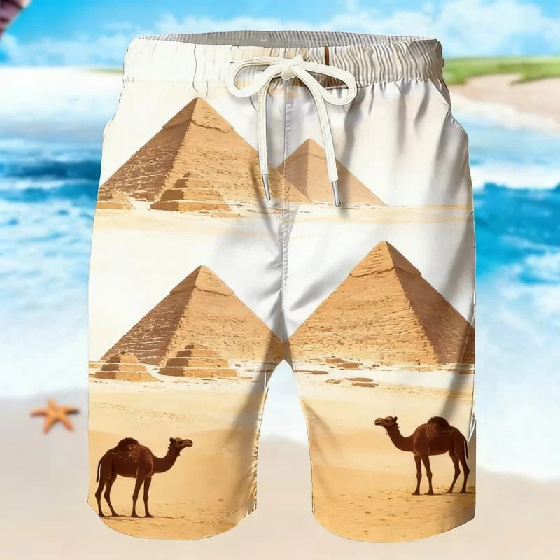 Men's retro natural landscape printed shorts are fashionable for summer wear, suitable for vacation and outdoor daily wear