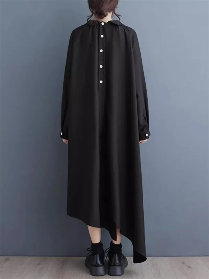 Doll Neck Design Irregular Dress High-End Temperament Loose Dark Style Long Dress For Women 2024 Spring Autumn Female Robe K229