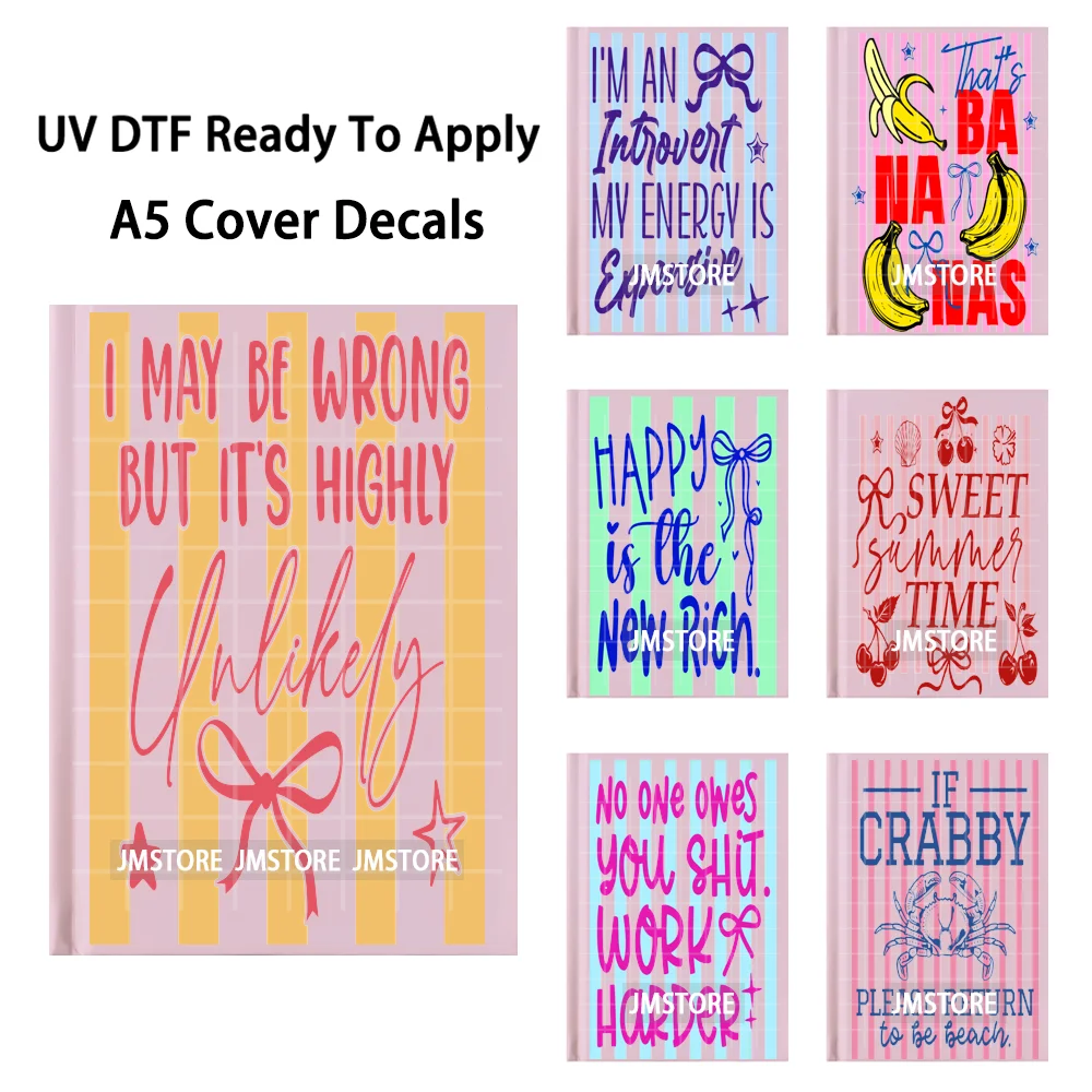 Girly Summer Quotes Vacation A5 Notebook Decals UV DTF Stickers Ready To Apply Strong Adhesion Vivid Prints For Journal Cover
