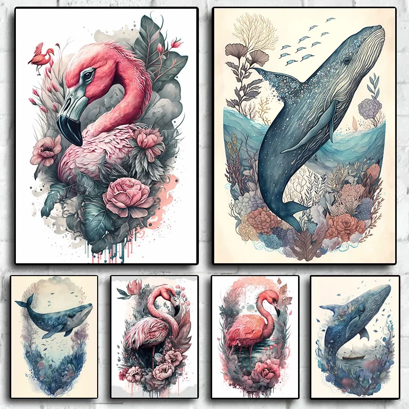 1pcs(No frame) Watercolor Animal In Floral Posters Canvas Painting Sea Whale Turtle Pink Flamingo Wall Art For Living Room Hom