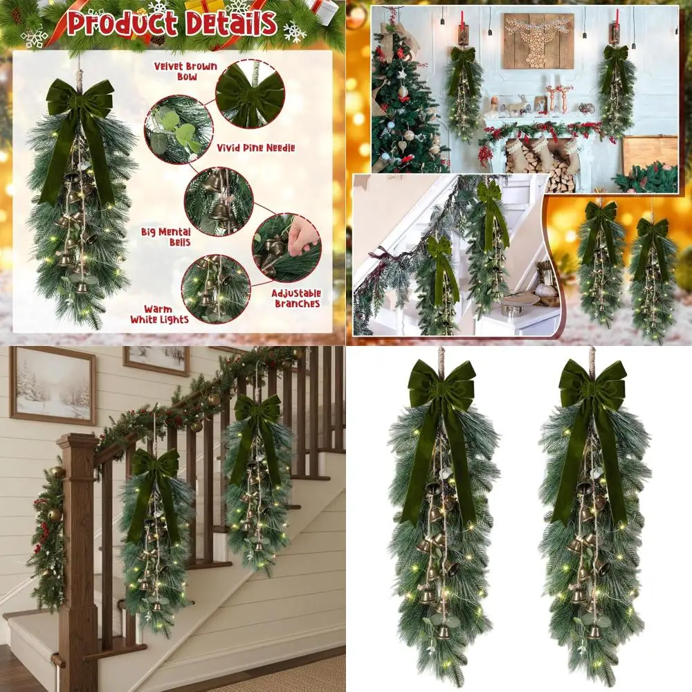 

36 Christmas Teardrop Swag with Velvet Bow and Artificial Pine, Greenery for Door or Fireplace Decor