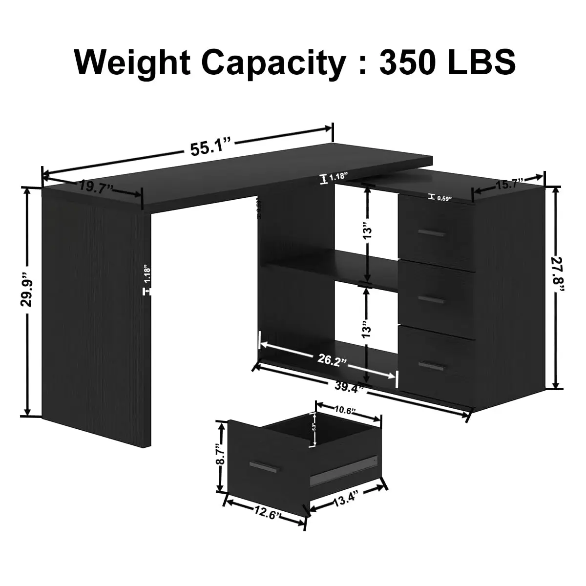 Black L Shaped Corner Desk with 3 Drawers 55 inch, Customized