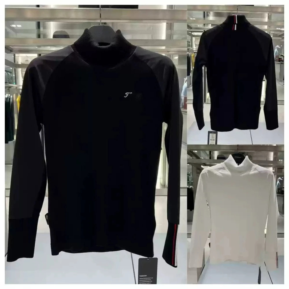 Women's Golf Knit Sweater Thermal Stretch Slim Fit Stand Collar Spliced Long Sleeve Base Layer New Fall for Korean Lady Golfers