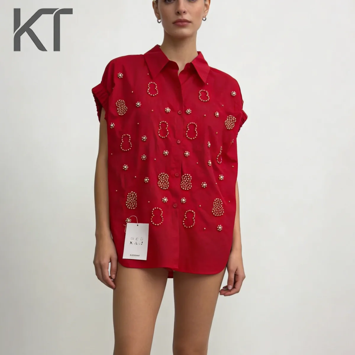 

Женская блузка с жемчужными бусинами и милым узором в виде тыквы, с рюшами на рукавах, на пуговицах, для повседневной носки и праздников