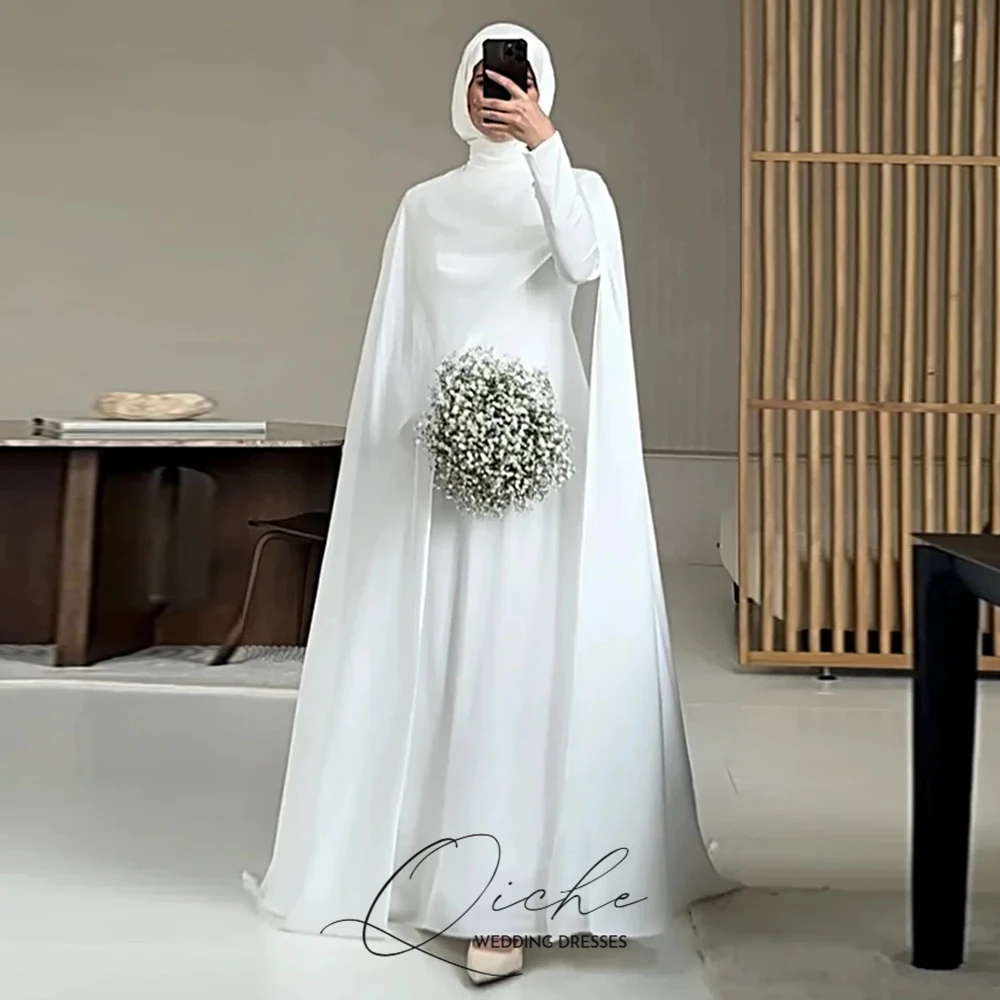 QICHE Modest White Muslim Wedding Dresses with Cape Customized Bride Dress Elegant Long Sleeves Woman Bride Civil Bridal Gowns