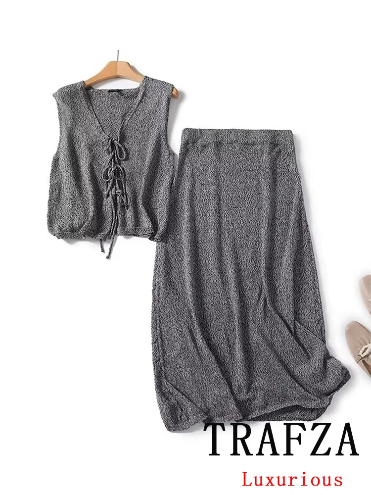 TRAFZA Vintage Chic Women Suit Gray Solid V-Neck Lace-up Sleeveless Vest Long Skirt New Fashion 2024 Autumn Holiday Female Suit