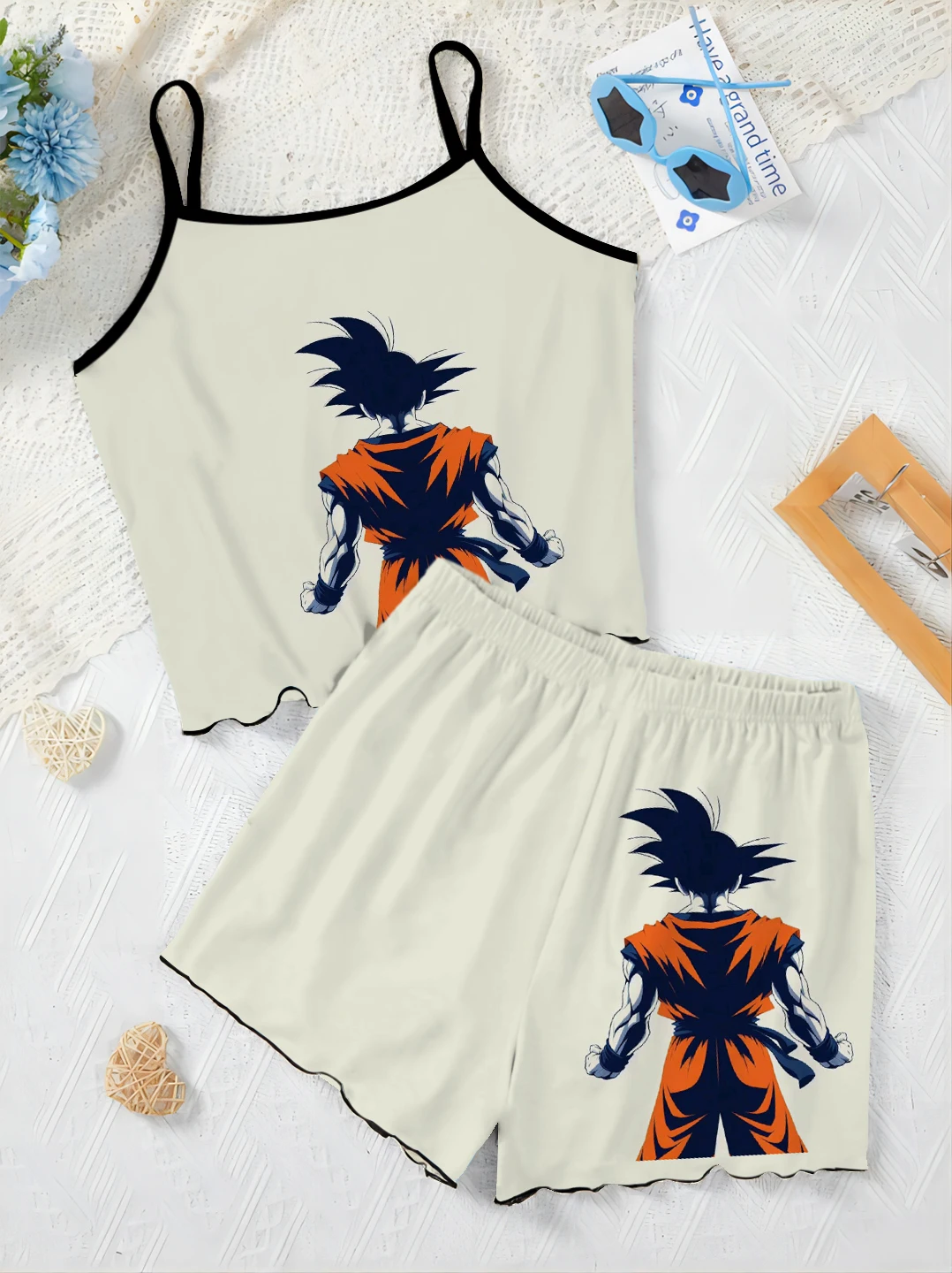 Son Goku Pajama Skirt Elegant Women's Sets Top Vegeta T-shirt Satin Surface Dragon Ball Lettuce Trim Slip Dress Pieces Short Top