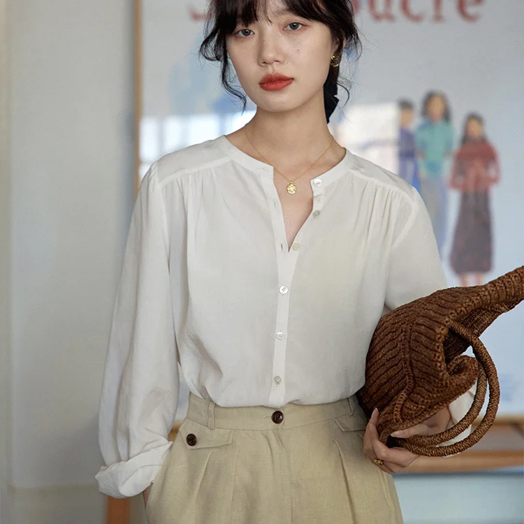 

Long Sleeve Shirts Womens Cotton Blouses Buttoned Slim Fit Turn Down Collar Spring Casual Elegant Feminine Outfit Soft Quality