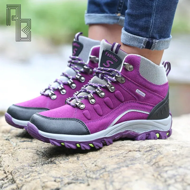 1 par de botas de senderismo de cuero al aire libre para mujer, zapatos de Trekking para mujer, zapatillas de montaña, seguimiento, senderismo, Camping, Trecking