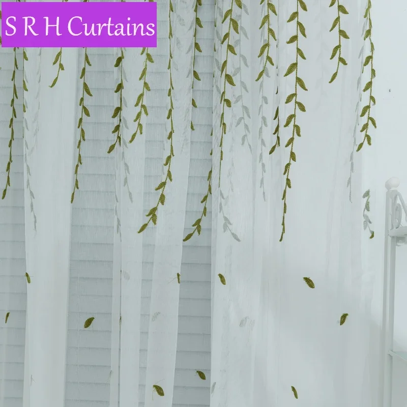 

Pastoral Green Willow Leaves Embroidery Sheer Bedroom Window Tulle Curtains For Living Room Drapes Kitchen Curtains Cortinas