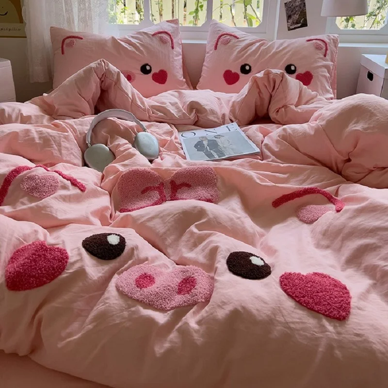 Pink Cute Pig Quilt Cover Super Soft Water Washed Cotton Embroidered Cartoon Pig Four Piece Set for Girls' Bedroom Bedding