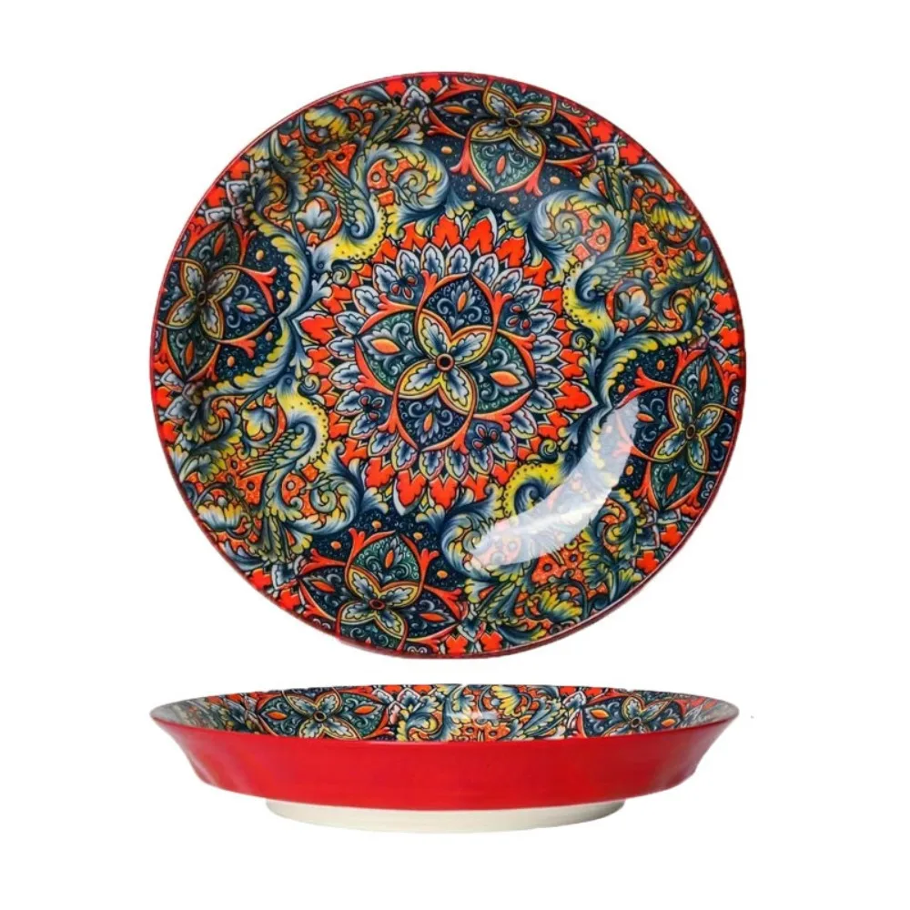 

Tableware Flower Pattern Bohemian Ceramic Plate Colorful Underglaze Dinner Plate Round Deepened Meal Dish Housewarming Gift