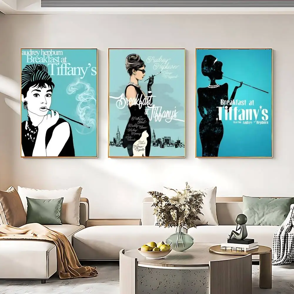 Movie Breakfast At T-Tiffanys Audrey Hepburn Poster Sticky Posters Waterproof Paper Sticker Coffee House Bar Home Decor