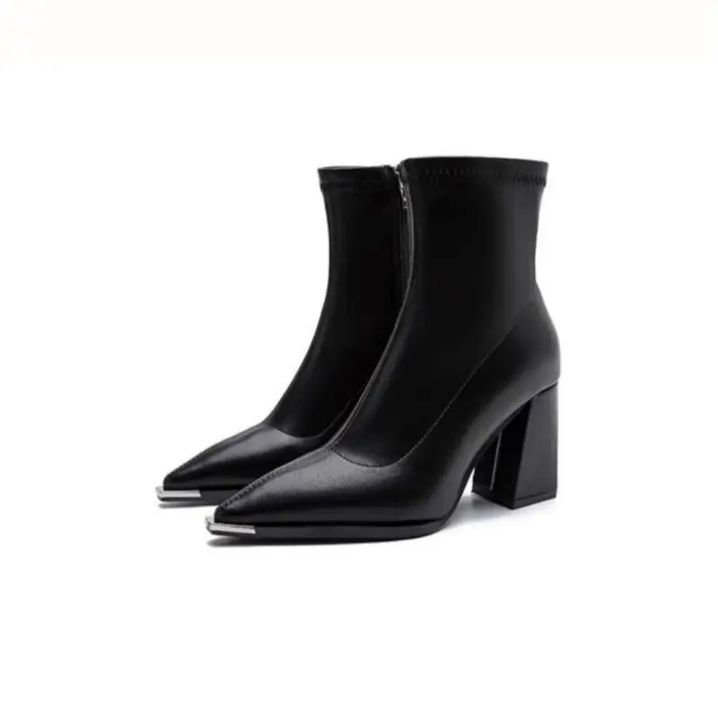 Damen Stiefeletten Blockabsatz High Heel Metallspitze Spitzer Zehenbereich Kurze Stiefel Reißverschluss PU Leder Herbst Winter Elegante Abendschuhe Büro Halbstiefel Bequem – Detail 1