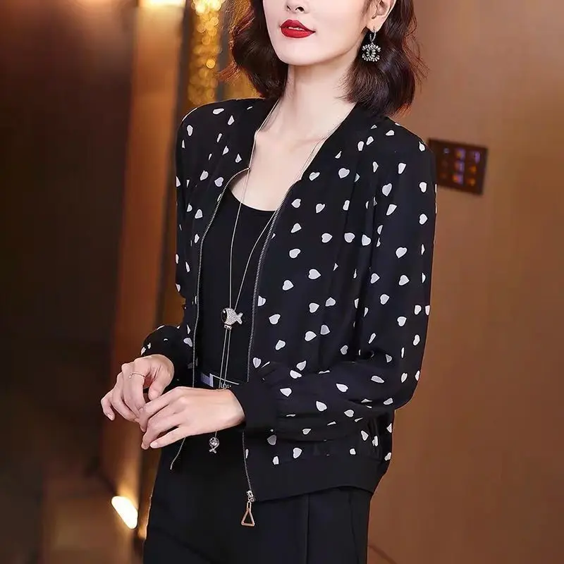 

Oversized Women Chiffon Heart Print Jacket Summer Thin Zipper Coat Cardigan Female Long Sleeve Woman Perspective Clothes A144