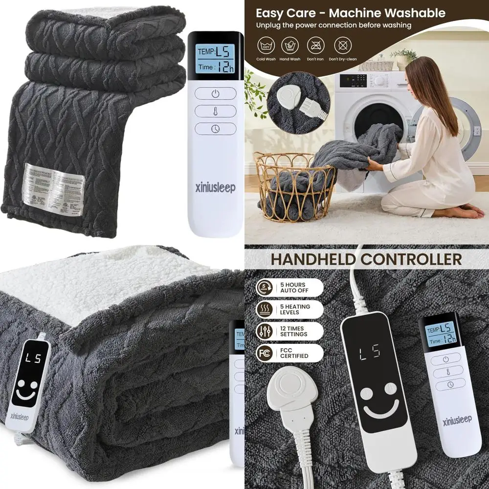 

62x84 Soft Taffeta Sherpa Electric Blanket with 5 Heat Settings, 1-12 Hour Auto-Off, Overheat Protection, Machine Washable - Dar