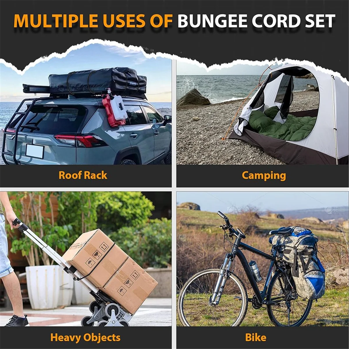 

PA-Adjustable Black Bungee Cords with Hooks, 48 Inch Elastic Strap with Tarp Bungee Cords and Tarp Clips (12