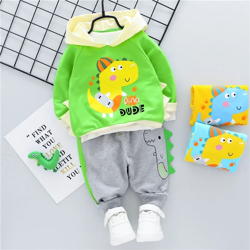 Spring Baby Boys Girls Clothing Sets Toddler Kids Clothes Outfits Children Hooded T Shirt Pants Cartoon Dinosaur Infant Costume