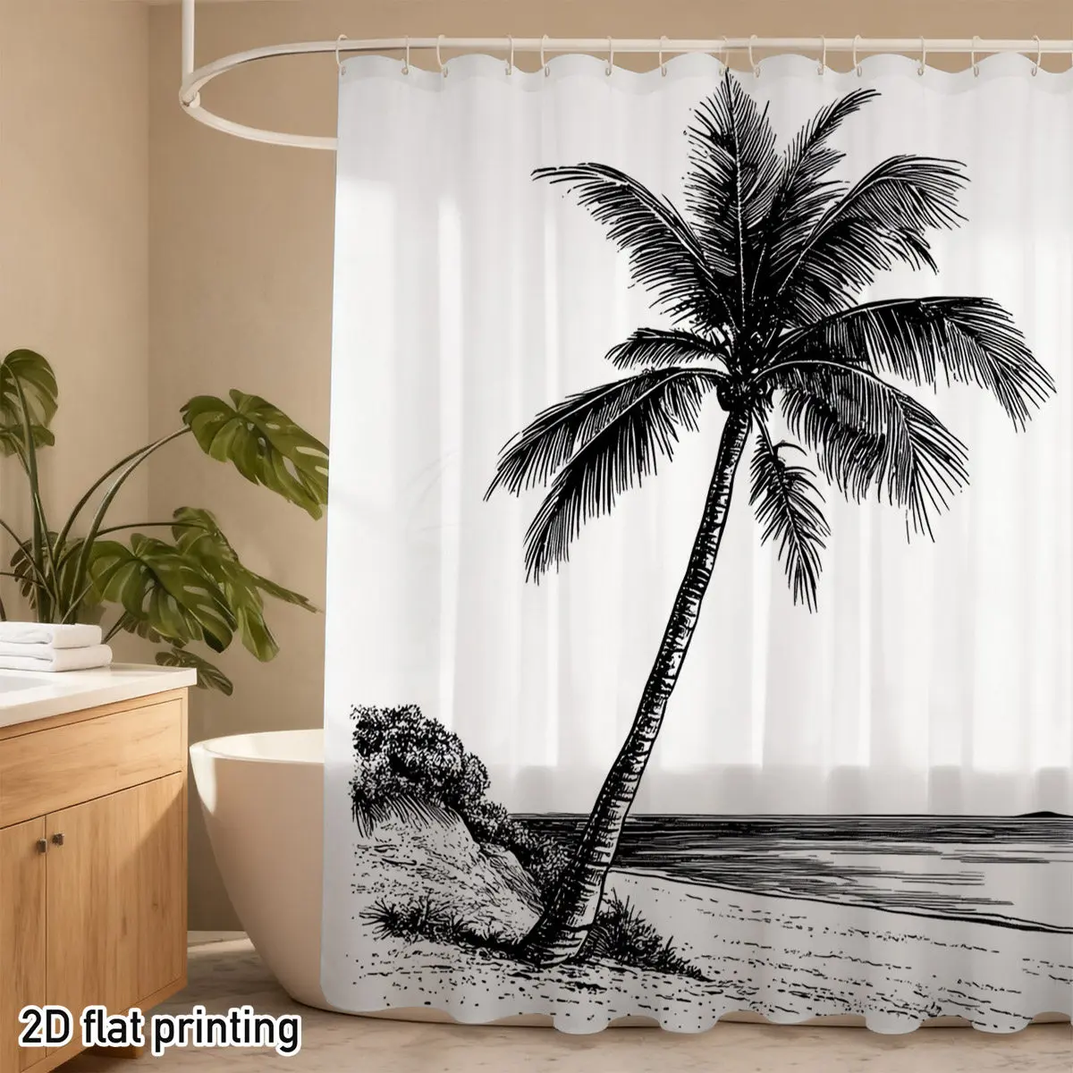 Minimalist Palm Tree Shower Curtain 72x72 Polyester Washable – Black & White Beach Sketch with 12 Hooks