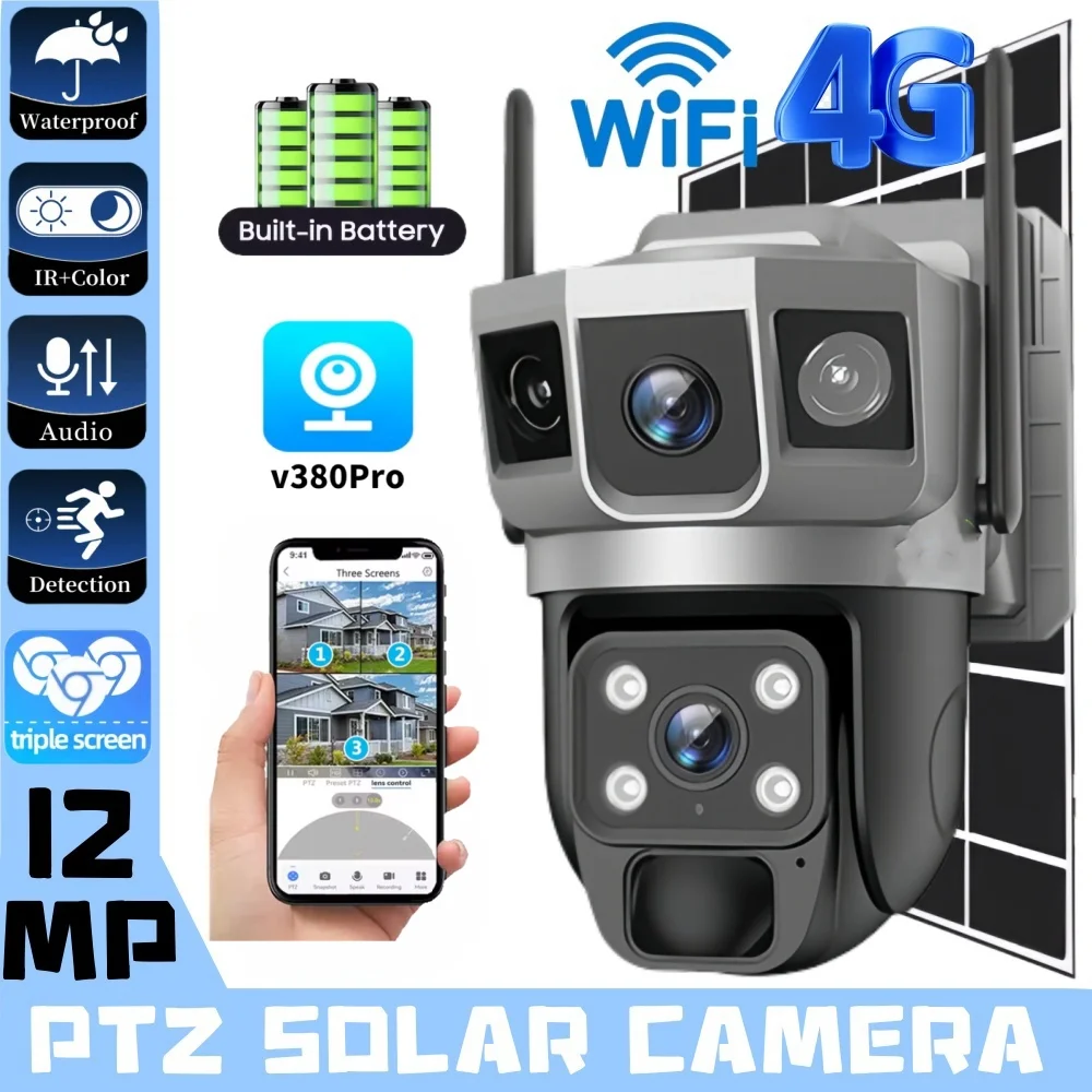 V380 Pro 12MP พลังงานแสงอาทิตย์ 4G/WIFI กล้อง IP กล้องวงจรปิดสองเลนส์สามหน้าจอการติดตามอัตโนมัติกลางแจ้ง 6K การเฝ้าระวังความปลอดภัยกล้อง PTZ