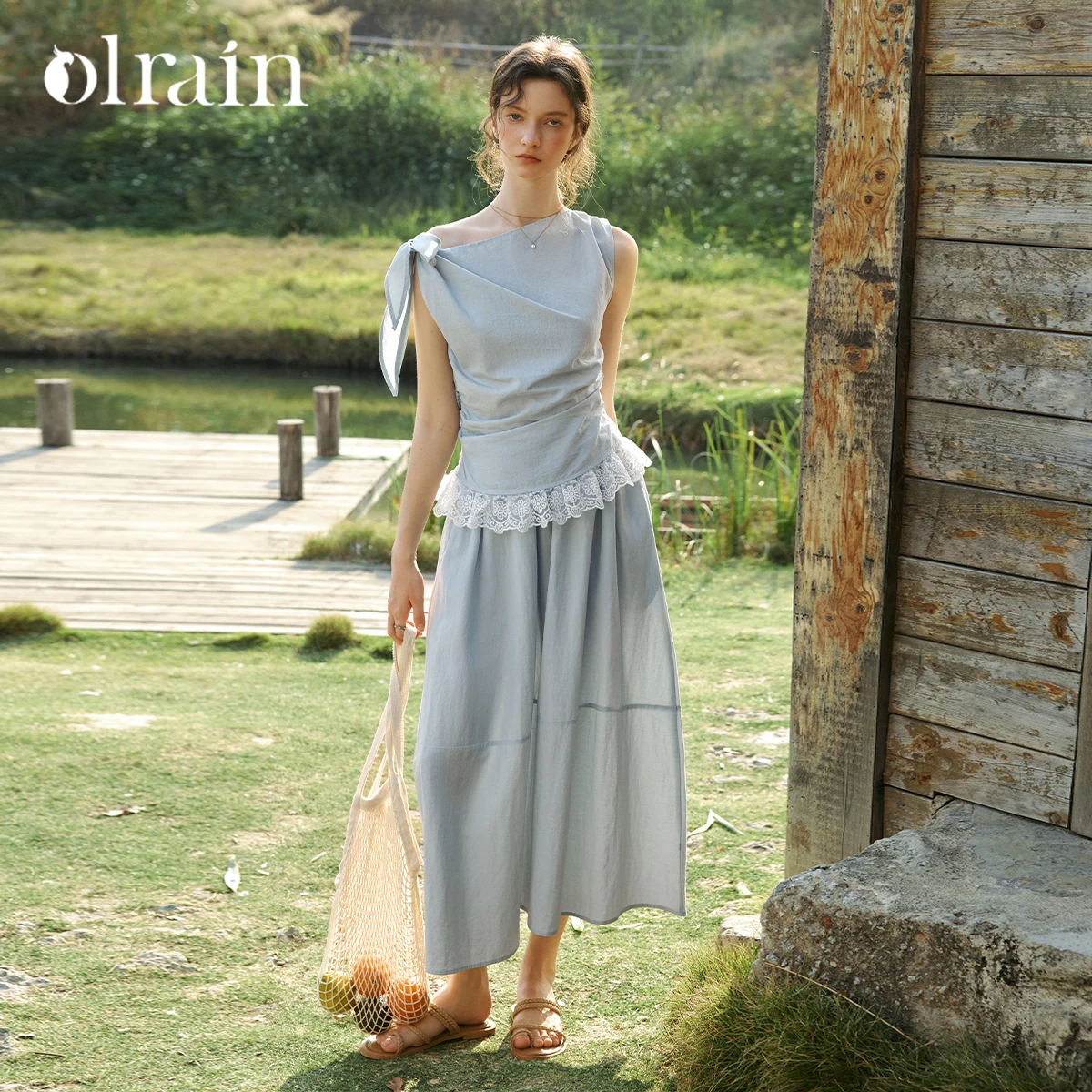 OLrain French Lace-Up Diagonal Collar Women's Suit 2026 Lace Spliced Hem Top A-Line Skirt Summer Casual 2 Piece Set O58XE005858