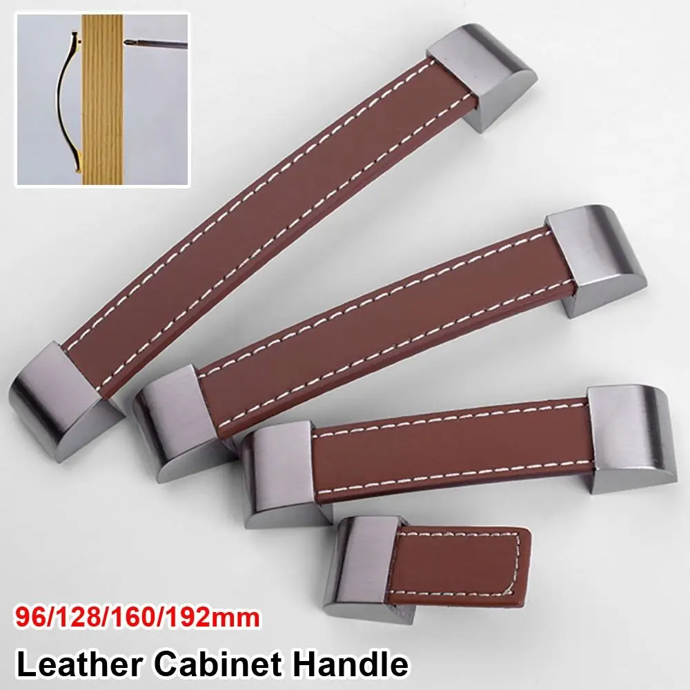 1Pcs Brown Soft Leather Leather Cabinet Handle Zinc Alloy Single Hole Door Handle Knob 96/128/160/192mm Pitch Furniture Hardware