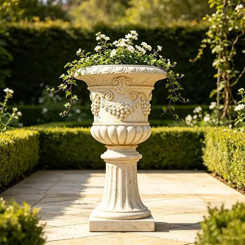 Resin Handmade Hand-painted Classical Roman Urn Planter Pedestal Antique Carved Flower Pot Large European Style Garden