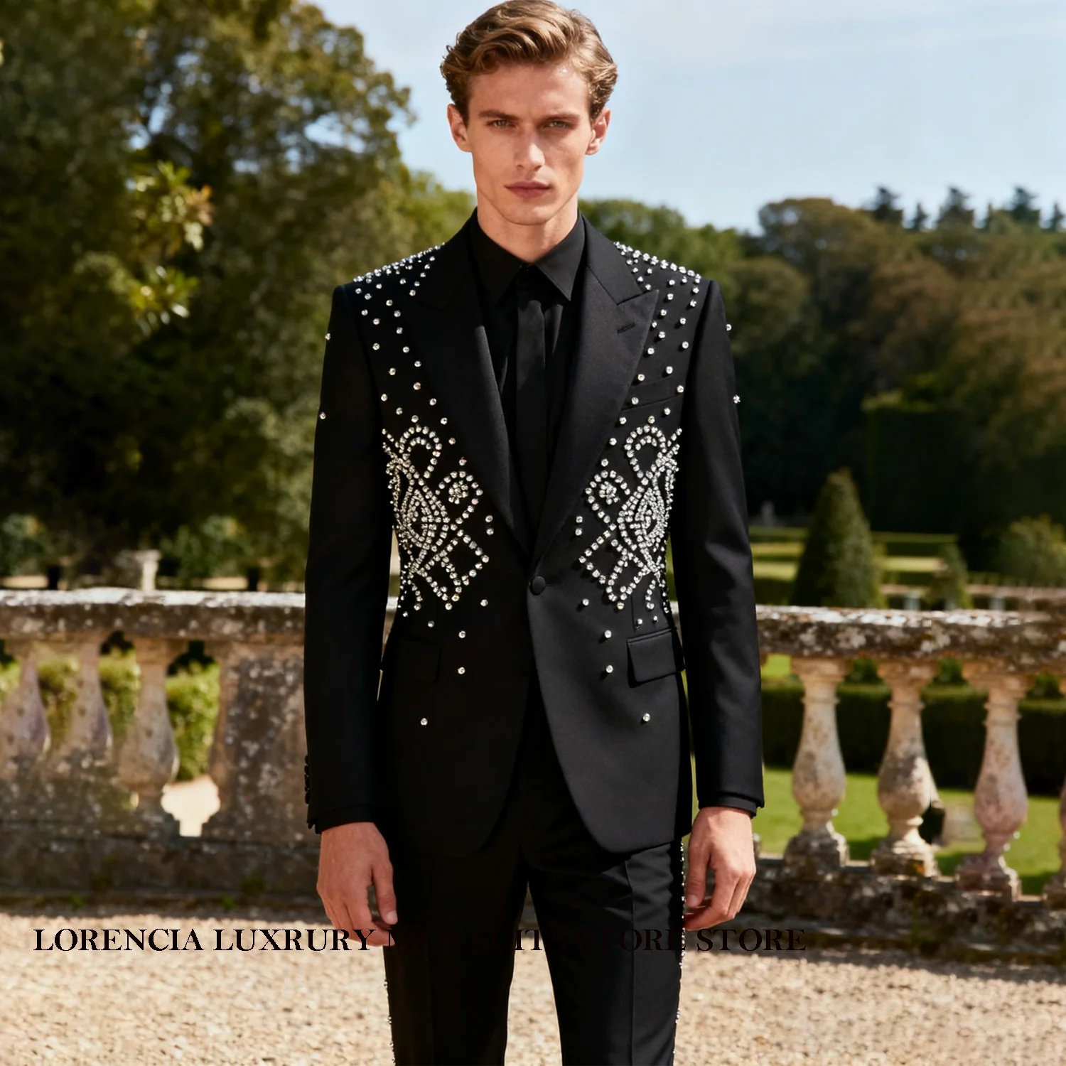 

Customized Elegant Gem Diamond Men Suit Wedding Tuxedos 2 Pieces Sets Single Breasted Groom Male Blazers Slim Fit Ropa hombre