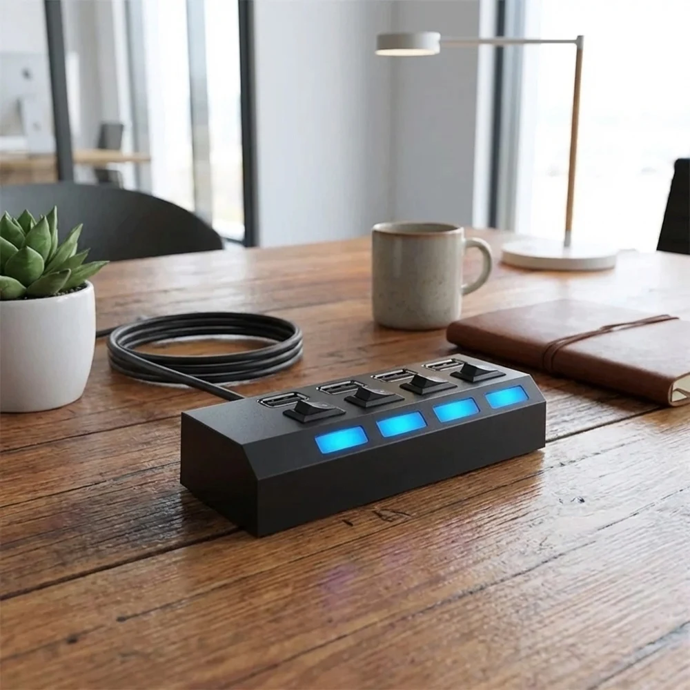 Adaptador USB 2.0 de 4 Puertos con Luces LED, Interruptores Independientes de Encendido/Apagado, Transferencia de Datos de Alta Velocidad, Divisor USB Compacto y Portátil