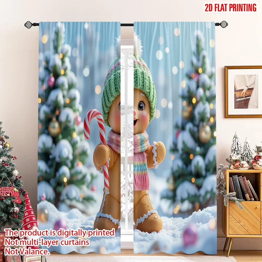 

2pcs 2D flat printing Merry Christmas Popular Curtains Christmas Gingerbread Cookie Cute Scarf Polyester Without Electricity