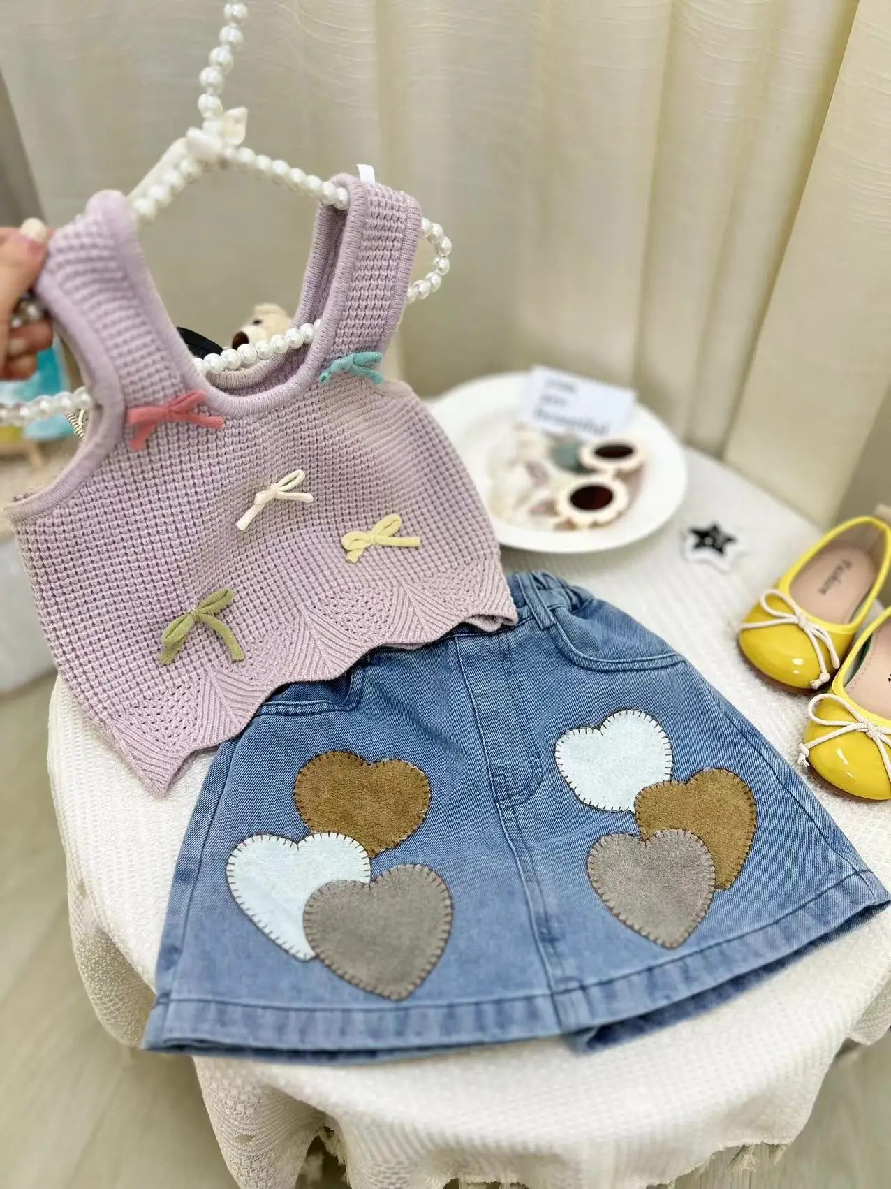 Children's Clothing Sets Knitted Bow Vest with A Love Heart Denim Dress Girls Clothes Set 7 To 8 Years Kids Boutique Clothes