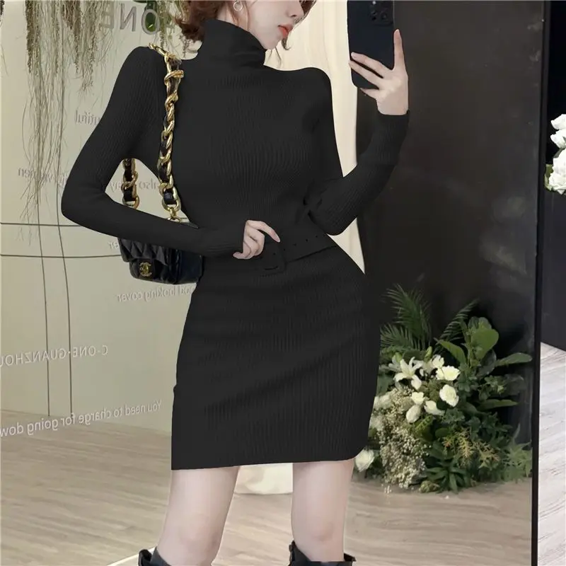 

Turtleneck Sweater Knitted Women's Autumn and Winter 2023 New Solid Color Versatile Slim Fit Bottom Wrapped Long Sleeved Dress