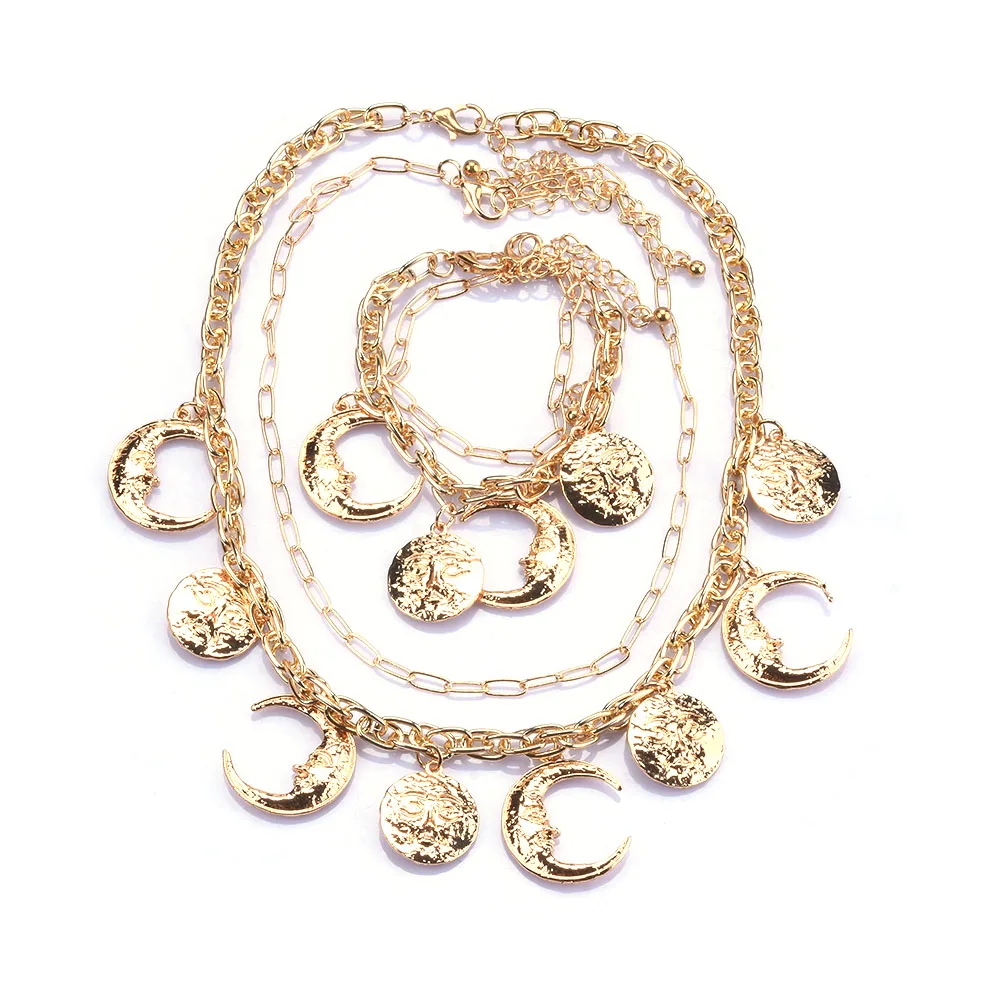 Moda Punk cadenas de Metal dorado eslabones gargantilla collar pulseras mujeres conjuntos de joyería encanto sol Luna colgantes collar joyería