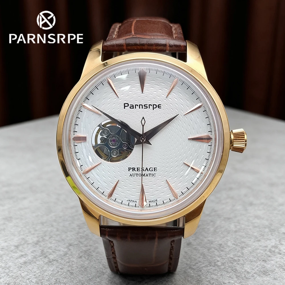 Hot Sale Automatic Watch for Men Retro Luxury 40mm Skeleton Movement Dial Brown Textured Face Black Leather Strap NH38 Movement